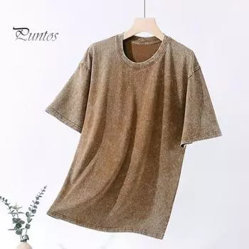 Женская футболка с круглым вырезом, топ с короткими рукавами и потертыми деталями, однотонный пуловер свободного кроя, уличная одежда L