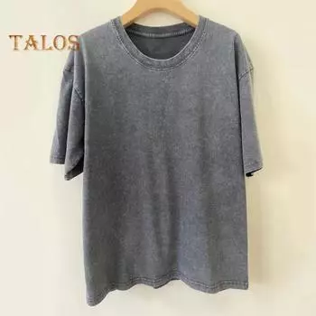 Женская футболка с круглым вырезом, топ с короткими рукавами и потертыми деталями, однотонный пуловер свободного кроя, уличная одежда L