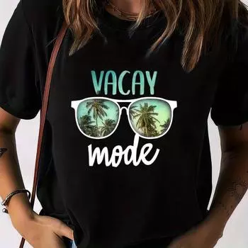 Женская футболка с круглым вырезом Vacay Mode Print, повседневная футболка с коротким рукавом для весны и лета, женская одежда, женские топы, футболки M чёрный