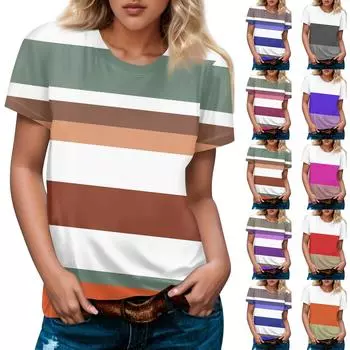 Женская футболка с круглым вырезом в полоску с принтом и короткими рукавами Топ с короткими рукавами Топ с круглым вырезом L коричневый