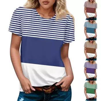 Женская футболка с круглым вырезом в полоску с принтом и короткими рукавами Топ с короткими рукавами Топ с круглым вырезом L синий