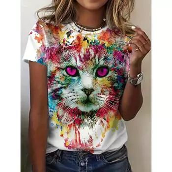 Женская футболка с крутым котом, топы с короткими рукавами 2024, пуловер, футболка с 3D-принтом, футболки, одежда выходного дня, модная одежда Y2K S