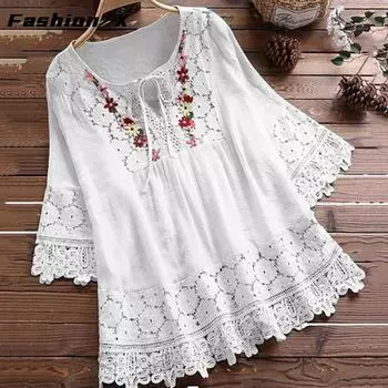 Женская футболка с кружевной вышивкой и цветочной свободной рубашкой большого размера с половиной рукава S розы красного