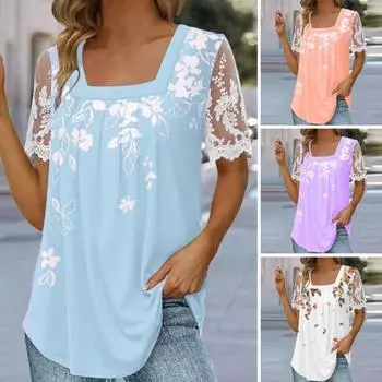 Женская футболка с квадратным воротником, кружевной цветочный принт, повседневная одежда с короткими рукавами, пуловер с цветочной вышивкой, женский топ больших размеров, женская одежда M фиолетовый