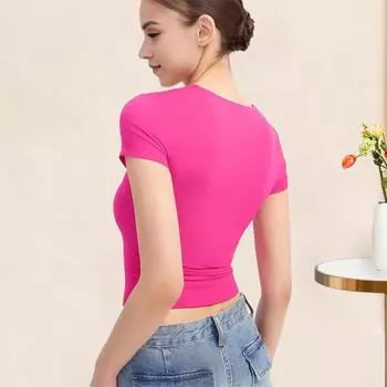 Женская футболка с квадратным воротником, пуловер с короткими рукавами, облегающая однотонная футболка, уличная одежда S кофейный