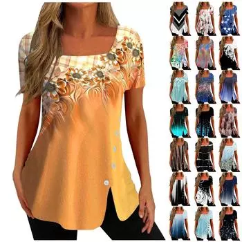 Женская футболка с квадратным вырезом и пуговицами с коротким рукавом и нижней частью, топ XXL темно-синий