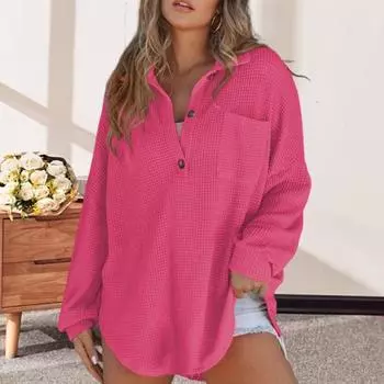 Женская футболка с лацканами и пуговицами, футболка с длинным рукавом и накладным карманом, однотонный пуловер свободного покроя с вафельной текстурой, топы XXL розы красного