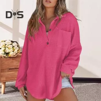 Женская футболка с лацканами и пуговицами, футболка с длинным рукавом и накладным карманом, однотонный пуловер свободного покроя с вафельной текстурой, топы XXL розы красного