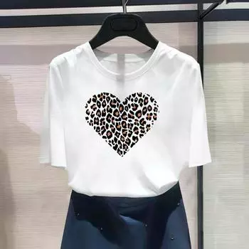 Женская футболка с леопардовым принтом азиатских размеров, милая женская футболка 90-х годов, повседневная женская летняя футболка, модная футболка с коротким рукавом и рисунком S