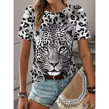 Женская футболка с леопардовым принтом, модная, с коротким рукавом, круглым вырезом, обычные топы, повседневные, выходные, с принтом, синего, фиолетового, фуксии, зеленого, серого цвета, лето M