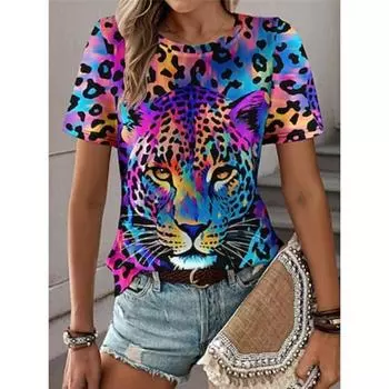 Женская футболка с леопардовым принтом, модная, с коротким рукавом, круглым вырезом, обычные топы, повседневные, выходные, с принтом, синего, фиолетового, фуксии, зеленого, серого цвета, лето S