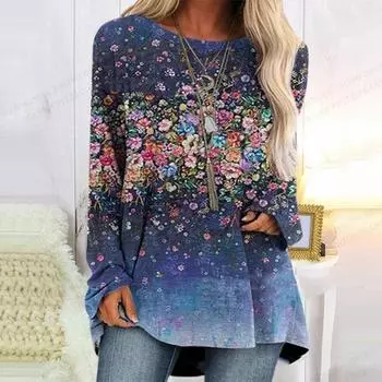 Женская футболка с летним цветочным принтом, модная футболка с длинным рукавом, базовые топы, футболки с женским цветком S