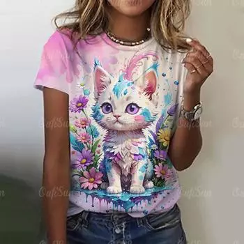 Женская футболка с милым 3D-принтом «Кошка», модная футболка большого размера с коротким рукавом для женщин, топы, летние дышащие футболки, женская одежда XXS