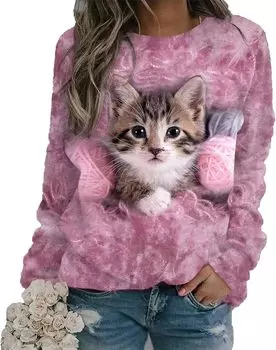 Женская футболка с милым 3D-принтом «Кошка», повседневная толстовка с длинным рукавом, забавный графический принт, джемпер, пуловер, свитер, топы XXS