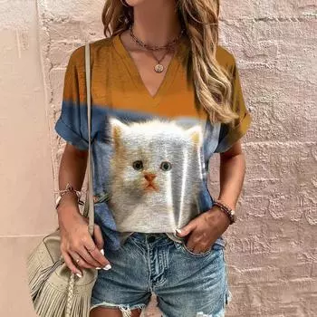 Женская футболка с милым котом, футболка с v-образным вырезом и короткими рукавами, уличная одежда, женская одежда, топы с графикой, повседневный пуловер для девочек XL