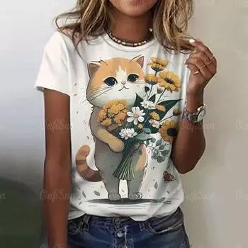 Женская футболка с милым котом, футболки с короткими рукавами с 3D принтом и графикой, летние модные повседневные футболки в стиле Харадзюку, топы, женская одежда 6XL
