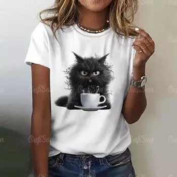 Женская футболка с милым котом, модный летний 3d принт с круглым вырезом, повседневный пуловер с короткими рукавами, женская одежда большого размера, футболки с животными S