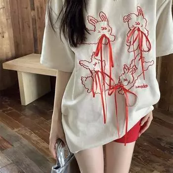 Женская футболка с милым кроликом, летняя женская футболка на шнуровке с бантом и короткими рукавами, свободный топ с круглым вырезом, корейская версия S белый