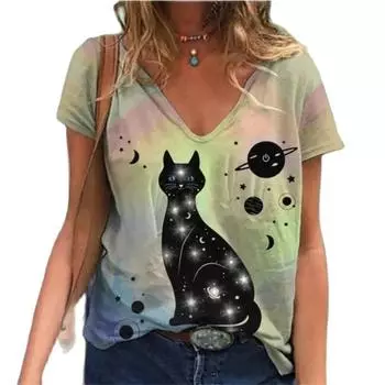 Женская футболка с милым мультяшным 3D принтом, модная уличная футболка с коротким рукавом в стиле Харадзюку, удобная сексуальная футболка с v-образным вырезом, новая летняя женская футболка, повседневная 7XL