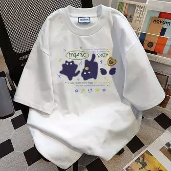 Женская футболка с милым мультяшным котенком и буквенным принтом в стиле ретро, летняя модная тенденция, повседневный удобный топ из чистого хлопка для пары, топ с короткими рукавами в стиле Харадзюку S белый