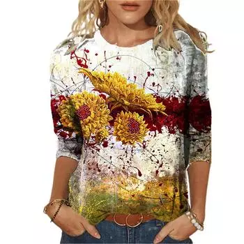 Женская футболка с милым пейзажем и граффити, цифровая 3D-печать, повседневная, весна-осень, с длинным рукавом и круглым вырезом, женская одежда, эластичная, длинная L