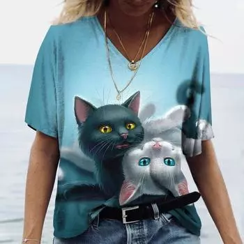Женская футболка с милым принтом кота, рубашка с короткими рукавами и v-образным вырезом, модная уличная одежда, женская одежда больших размеров в стиле Харадзюку, летние повседневные футболки S