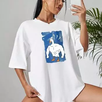 Женская футболка с милым принтом мультяшной утки, свободная футболка с короткими рукавами и круглым вырезом, летний повседневный модный узор, женский топ Y2K S