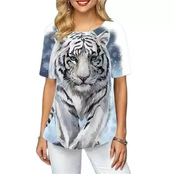 Женская футболка с милым тигром, цифровой 3D принт, Y2k, элегантная, винтажная, с коротким рукавом, элегантная, повседневная, удобная, из полиэстера, с диагональным воротником S