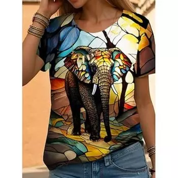 Женская футболка с модным цветочным принтом, короткий рукав, стандартный топ с круглым вырезом, повседневная, выходного дня, желтая, синяя, оранжевая, летняя S