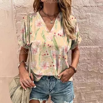 Женская футболка с модным цветочным принтом, летняя одежда с коротким рукавом и свободным кроем, повседневная женская футболка с V-образным вырезом S