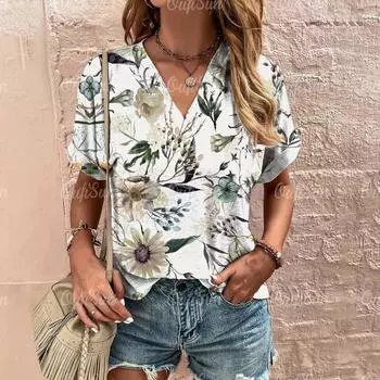 Женская футболка с модным цветочным принтом, летняя одежда с коротким рукавом и свободным кроем, повседневная женская футболка с V-образным вырезом S