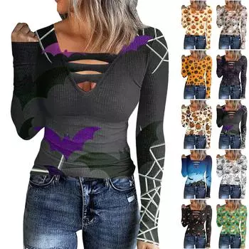 Женская футболка с модным повседневным принтом и v-образным вырезом, тонкий топ с длинными рукавами M фиолетовый