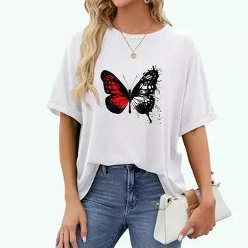 Женская футболка с модным принтом больших размеров, повседневный топ с круглым воротником и коротким рукавом, летний пуловер, свободная футболка S чёрный