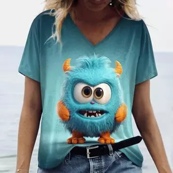 Женская футболка с мультяшным принтом монстра, женские футболки, топы с короткими рукавами, футболка большого размера с круглым вырезом, летняя женская дизайнерская одежда 4XL