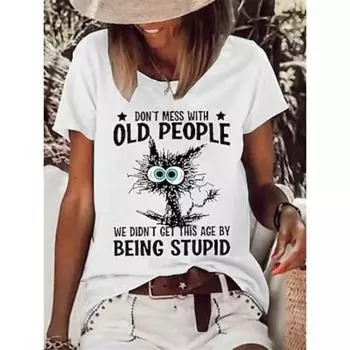 Женская футболка с надписью «Кошка» и коротким рукавом, круглым вырезом, обычные топы, повседневные выходные, принт, лето S