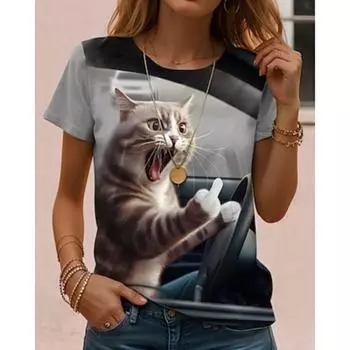 Женская футболка с надписью «Животное» Повседневная с коротким рукавом и круглым вырезом Обычные топы Повседневные выходные Принт Синий Пыльный Синий Серый Лето S