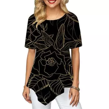Женская футболка с нерегулярным цветком и цифровым 3D принтом, летние повседневные персонализированные футболки с коротким рукавом и круглым воротником, женские топы 5XL