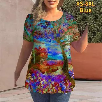 Женская футболка с нерегулярным пейзажем и цветочным принтом, уличная модная одежда с круглым вырезом и коротким рукавом, летние уличные хипстерские топы для отдыха XXXL