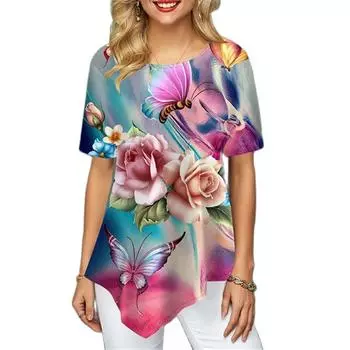 Женская футболка с нерегулярным подолом, цветочным принтом и цифровым 3D принтом, с круглым вырезом, модная уличная удобная женская повседневная пуловер в стиле Харадзюку XL
