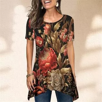 Женская футболка с нерегулярным подолом и 3D принтом, летняя повседневная летняя повседневная женская футболка с коротким рукавом и круглым воротником, универсальная уличная мода 4XL