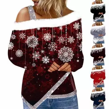 Женская футболка с неровным краем и рождественским принтом, длинный рукав с открытыми плечами, топ с пушистым флисовым воротником M