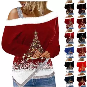 Женская футболка с неровным краем и рождественским принтом, длинный рукав с открытыми плечами, топ с пушистым флисовым воротником XXXL