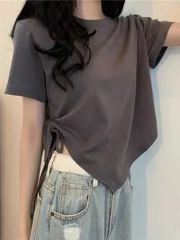 Женская футболка с нестандартным круглым вырезом и короткими рукавами, тонкая базовая футболка с высокой талией и рюшами на шнурке, новый модный укороченный топ, универсальный топ M чёрный
