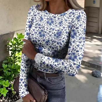 Женская футболка с облегающим низом, модная повседневная с градиентным принтом, пуловер с круглым вырезом и длинными рукавами L