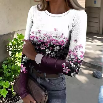 Женская футболка с облегающим низом, модная повседневная с градиентным принтом, пуловер с круглым вырезом и длинными рукавами L фиолетовый