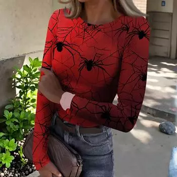 Женская футболка с облегающим низом, модная повседневная с градиентным принтом, пуловер с круглым вырезом и длинными рукавами XL винный