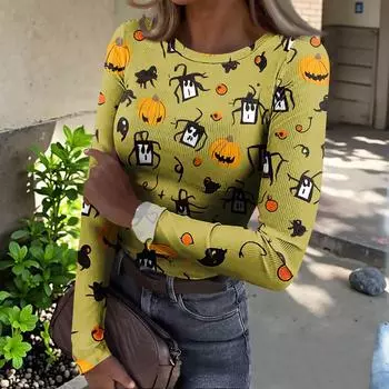 Женская футболка с облегающим низом, модная повседневная с градиентным принтом, пуловер с круглым вырезом и длинными рукавами M зелёный