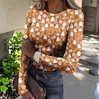 Женская футболка с облегающим низом, модная повседневная с градиентным принтом, пуловер с круглым вырезом и длинными рукавами S верблюд