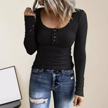 Женская футболка с однотонными пуговицами и длинными рукавами, пуловер с круглым вырезом, простой стиль