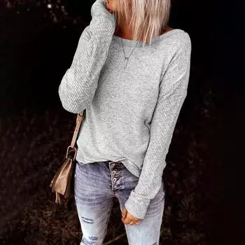 Женская футболка с открытой спиной и бантом, топы, женская повседневная свободная однотонная блузка с длинным рукавом